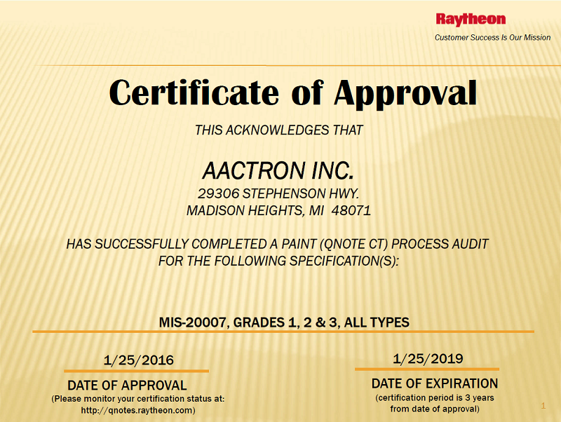 Aactron Raytheon Missle Systems ReApproval
